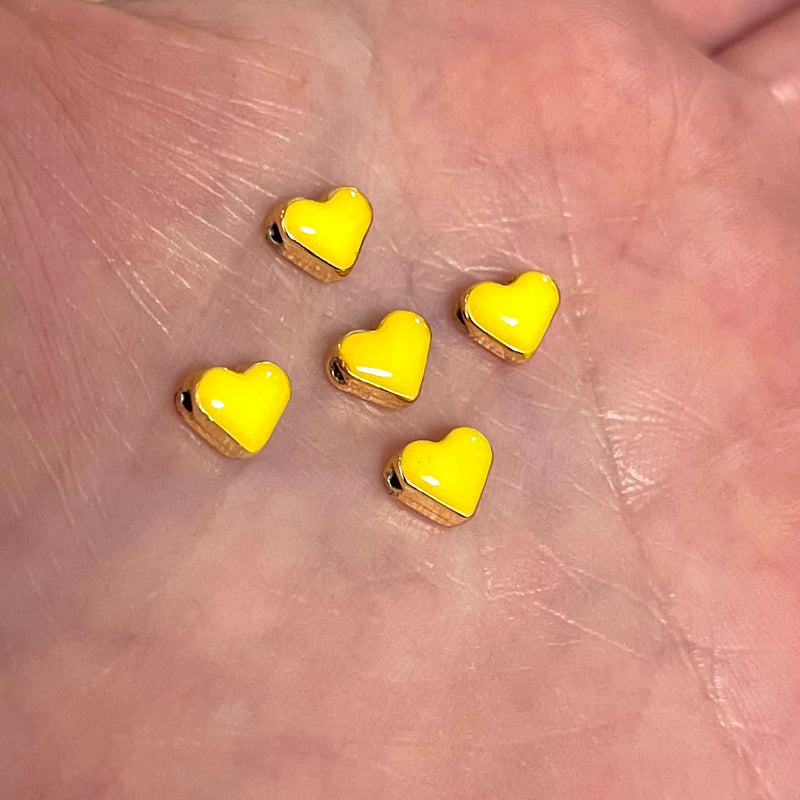 24Kt Shiny Gold Plated Neon Yellow Enamelled Heart Spacer Charms, 5 pcs in a pack