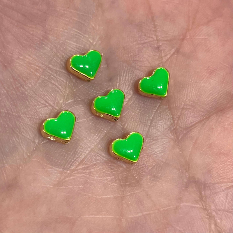 24Kt Shiny Gold Plated Neon Green Enamelled Heart Spacer Charms, 5 pcs in a pack