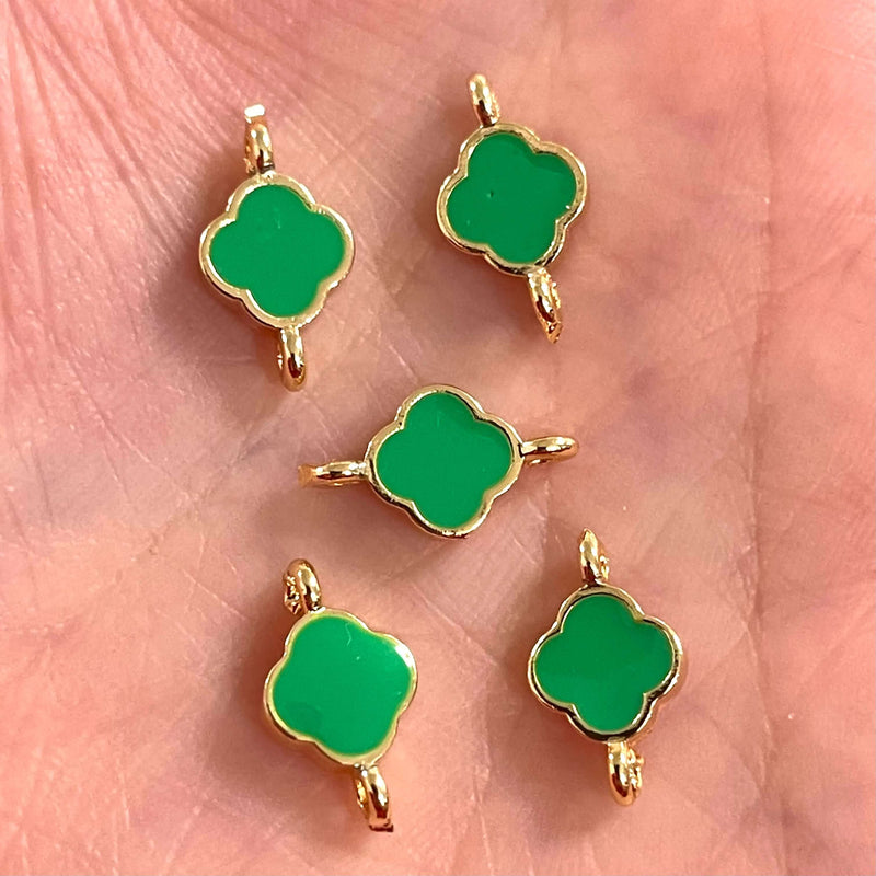 24Kt Shiny Gold Plated Neon Green Enamelled Clover Connector Charms,