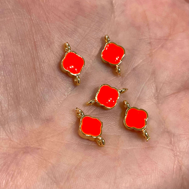 24Kt Shiny Gold Plated Neon Orange Enamelled Clover Connector Charms,