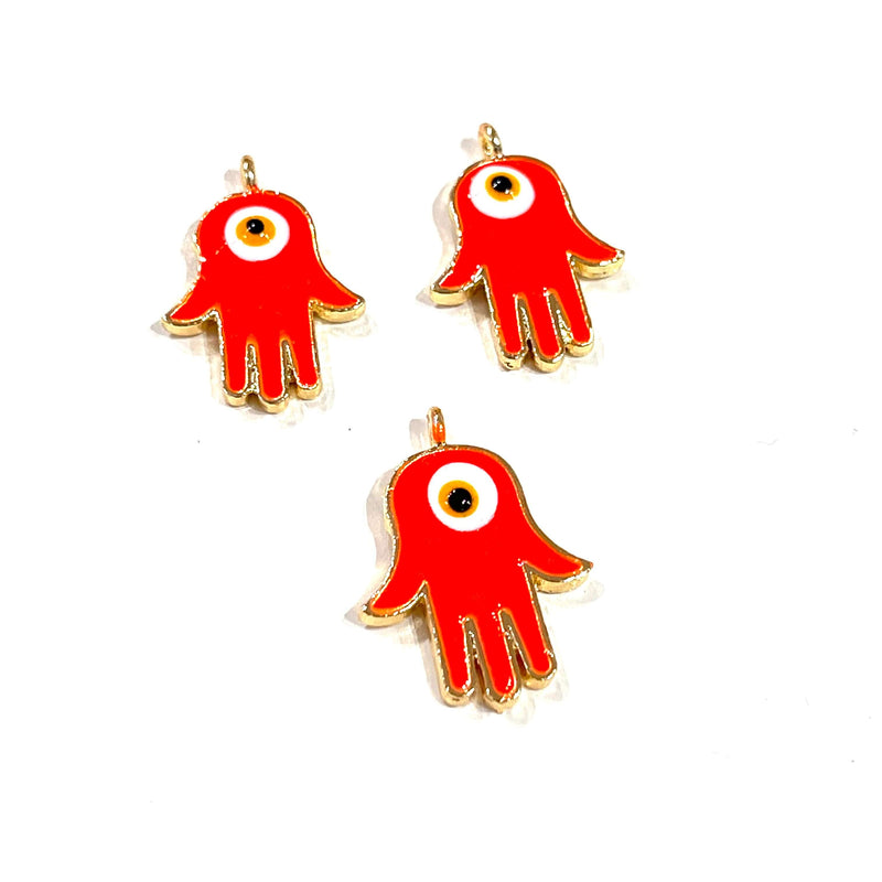 24Kt Gold Plated Brass Neon Orange Enamelled Hamsa Charms, 3 pcs in a pack