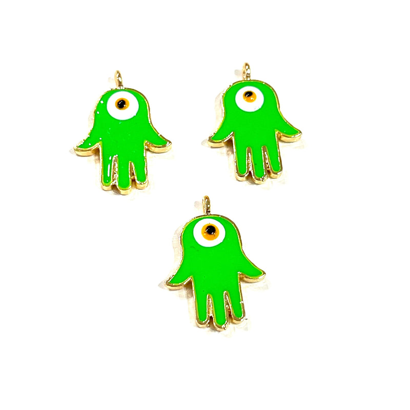 24Kt Gold Plated Brass Neon Green Enamelled Hamsa Charms, 3 pcs in a pack