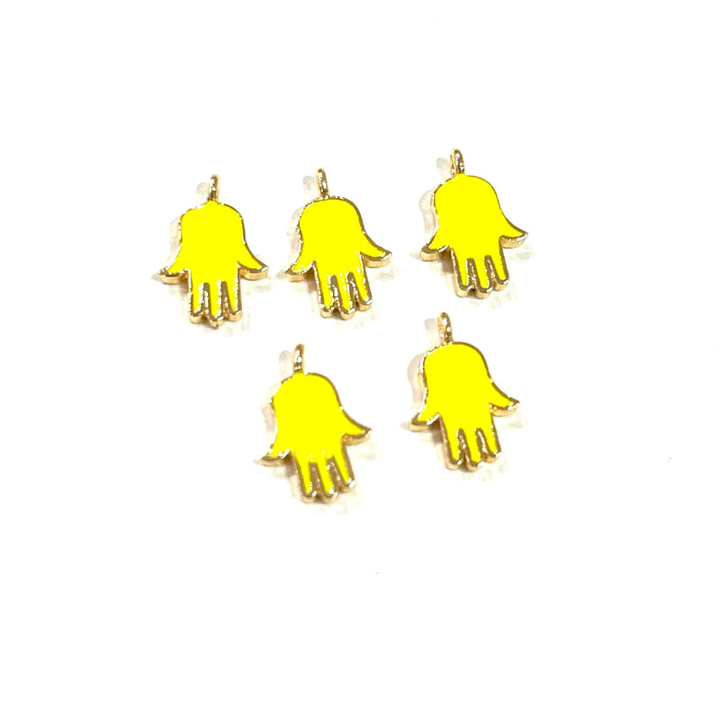 24Kt Gold Plated Brass Neon Yellow Enamelled Hamsa Charms, 5 pcs in a pack