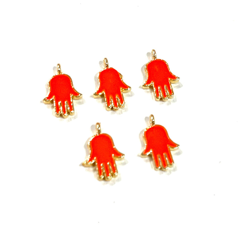 24Kt Gold Plated Brass Neon Orange Enamelled Hamsa Charms, 5 pcs in a pack