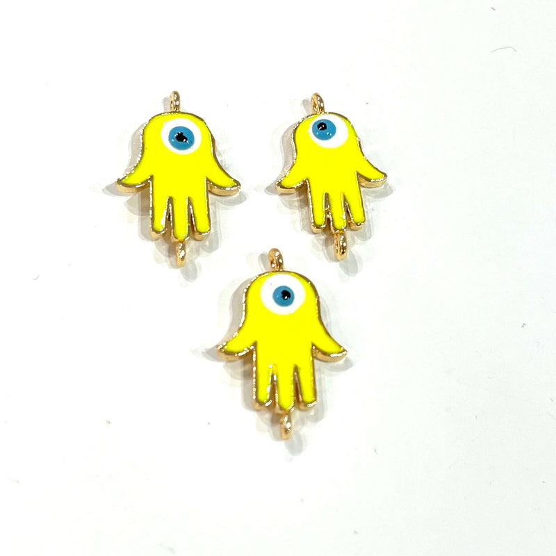 24Kt Gold Plated Brass Neon Yellow Enamelled Hamsa Connector Charms, 3 pcs in a pack