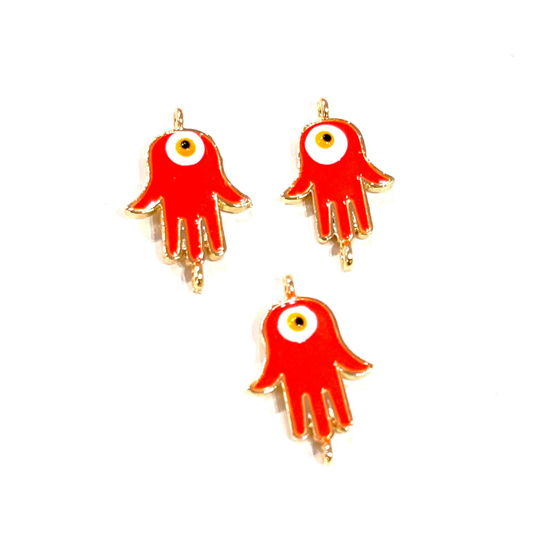 24Kt Gold Plated Brass Neon Orange Enamelled Hamsa Connector Charms, 3 pcs in a pack