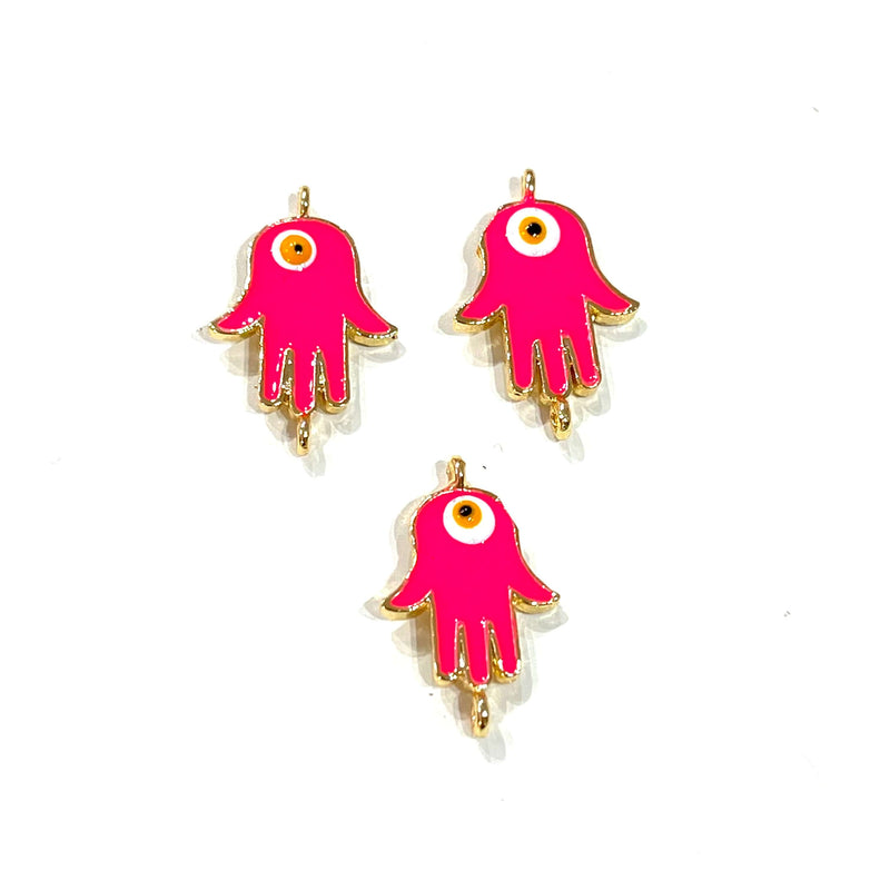 24Kt Gold Plated Brass Neon Pink Enamelled Hamsa Connector Charms, 3 pcs in a pack