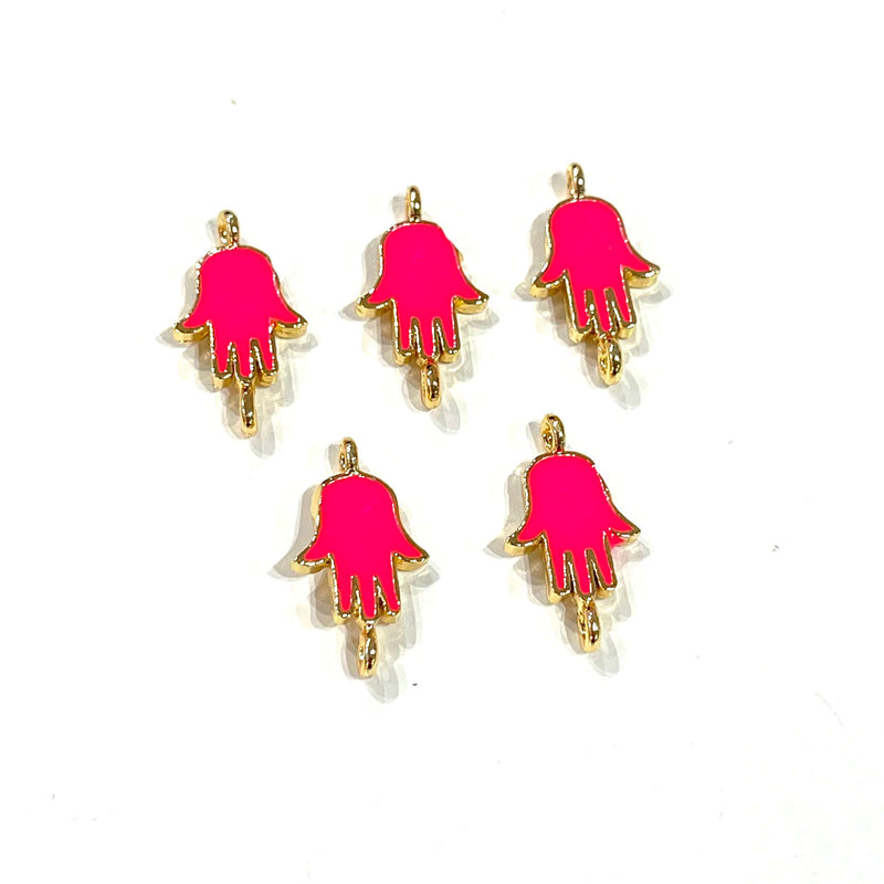 24Kt Gold Plated Brass Neon Pink Enamelled Hamsa Connector Charms, 5 pcs in a pack