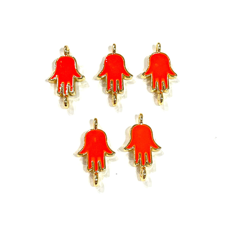 24Kt Gold Plated Brass Neon Orange Enamelled Hamsa Connector Charms, 5 pcs in a pack