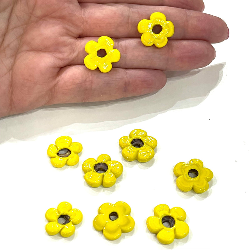 Hand Made Murano Glass Large Hole Yellow Flower Beads, 10 Beads in a pack