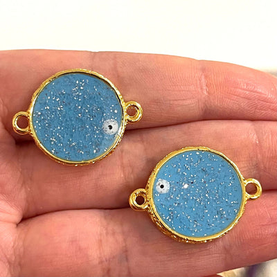 24Kt Gold Plated Glittery Epoxy Blue Enamelled Double-Sided Connector Charms, 2 pcs in a pack