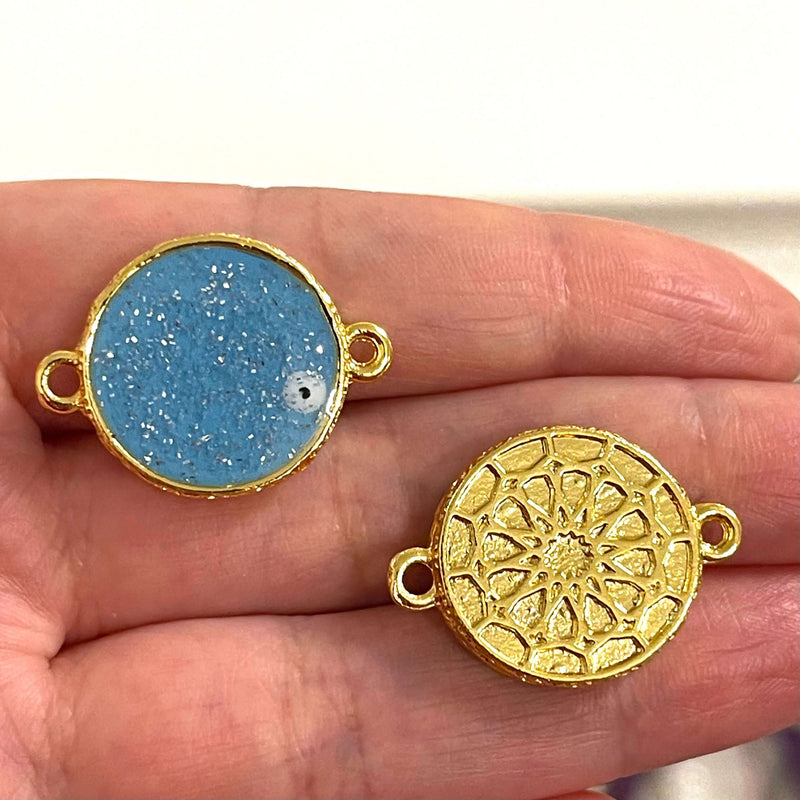 24Kt Gold Plated Glittery Epoxy Blue Enamelled Double-Sided Connector Charms, 2 pcs in a pack