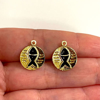 24Kt Gold Plated Black Enamelled Lucky Fish Charms, 2 pcs in a pack£2