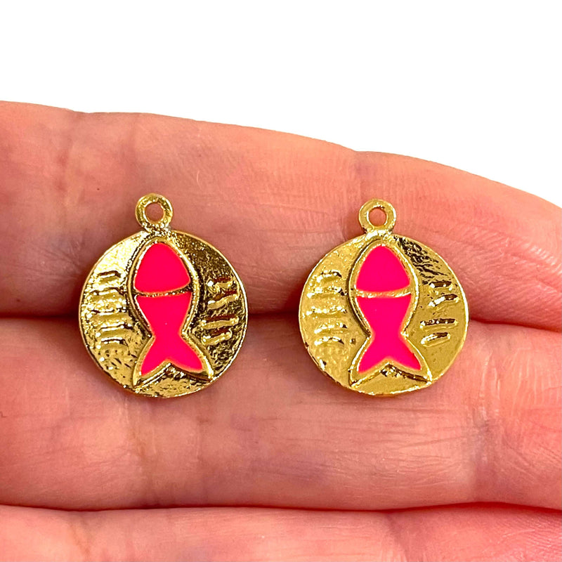 24Kt Gold Plated Neon Pink Enamelled Lucky Fish Charms, 2 pcs in a pack