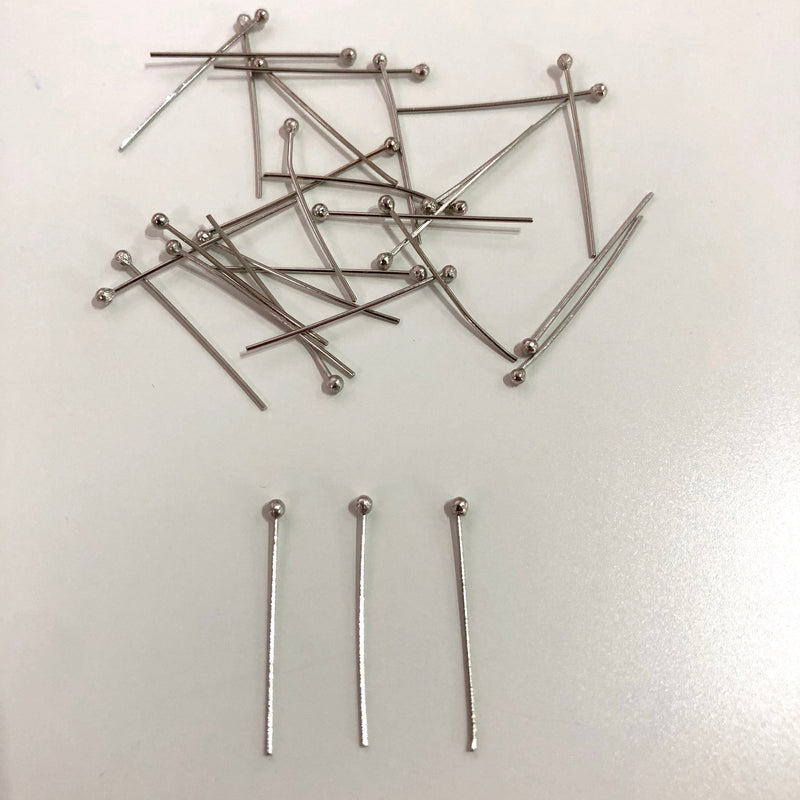 Rhodium Plated Ball Point Headpins, 0.5mm (24 Gauge) by 20mm, Rhodium Plated Brass Ball Head Pins