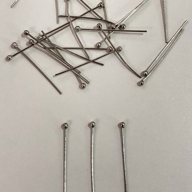 Rhodium Plated Ball Point Headpins, 0.5mm (24 Gauge) by 20mm, Rhodium Plated Brass Ball Head Pins