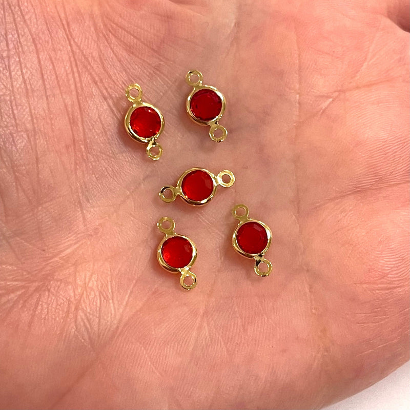 24Kt Gold Plated 6mm Red Cubic Zirconia Connector Charms, 5 pcs in a pack