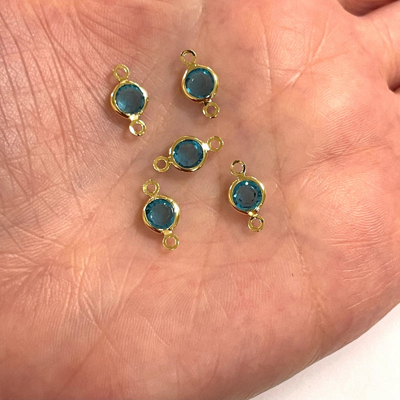 24Kt Gold Plated 6mm Blue Cubic Zirconia Connector Charms, 5 pcs in a pack