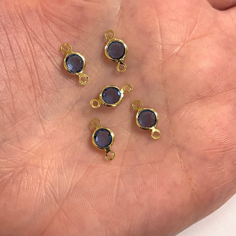 24Kt Gold Plated 6mm Sapphire Cubic Zirconia Connector Charms, 5 pcs in a pack