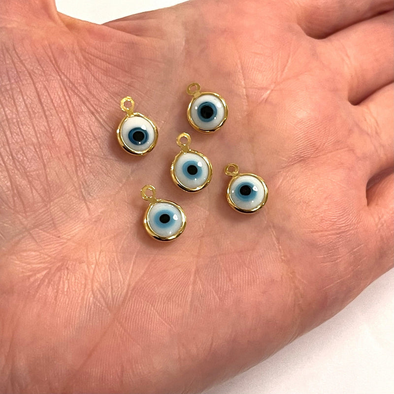 24Kt Gold Plated 8mm White Glass Evil Eye Charms, 5 pcs in a pack