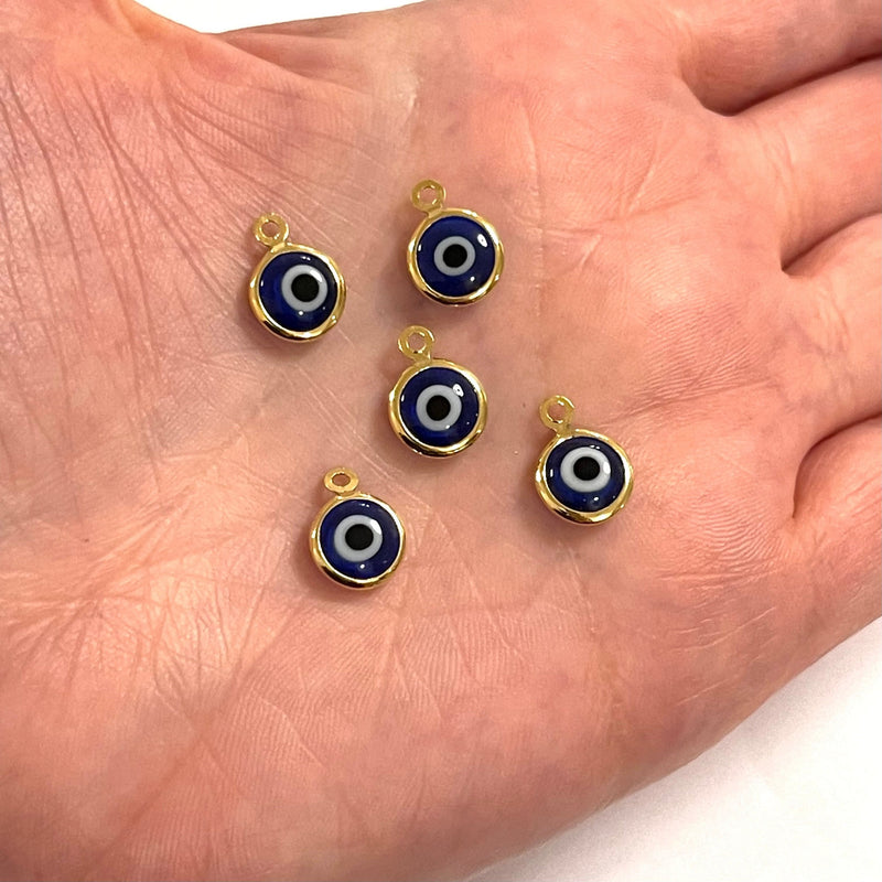 24Kt Gold Plated 8mm Navy Glass Evil Eye Charms, 5 pcs in a pack