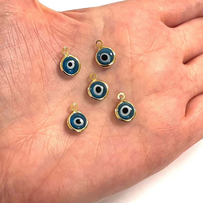 24Kt Gold Plated 8mm Blue Glass Evil Eye Charms, 5 pcs in a pack