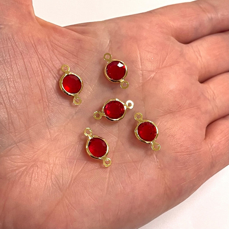 24Kt Gold Plated 8mm Red Cubic Zirconia Connector Charms, 5 pcs in a pack