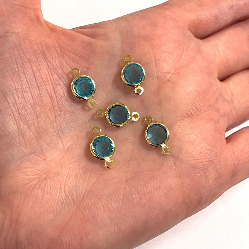 24Kt Gold Plated 8mm Blue Cubic Zirconia Connector Charms, 5 pcs in a pack