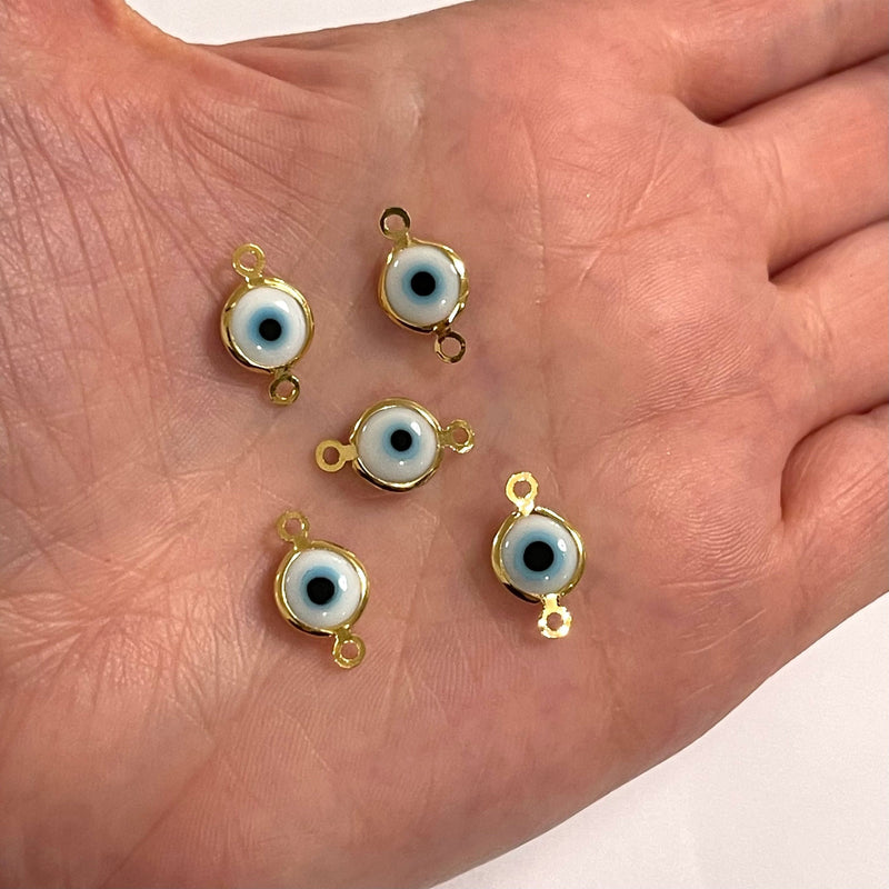 24Kt Gold Plated 8mm White Glass Evil Eye Connector Charms, 5 pcs in a pack