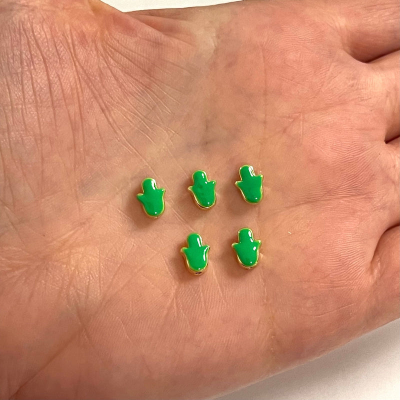 24Kt Gold Plated Neon Green Enamelled Hamsa Spacer Charms, 5 Pcs in a Pack