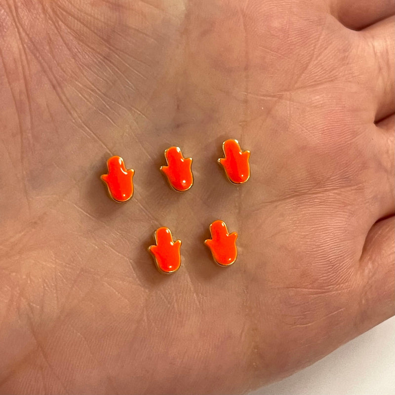 24Kt Gold Plated Neon Orange Enamelled Hamsa Spacer Charms, 5 Pcs in a Pack