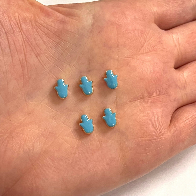 24 Karat vergoldete, himmelblau emaillierte Hamsa-Zwischenstück-Charms, 5 Stück in einer Packung