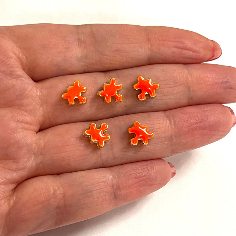 24Kt Gold Plated Neon Orange Enamelled Puzzle Piece Spacer Charms, 5 Pcs in a Pack