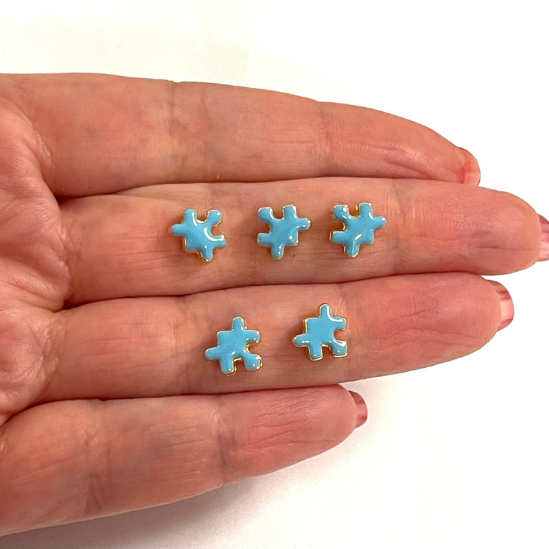 24Kt Gold Plated Sky Blue Enamelled Puzzle Piece Spacer Charms, 5 Pcs in a Pack