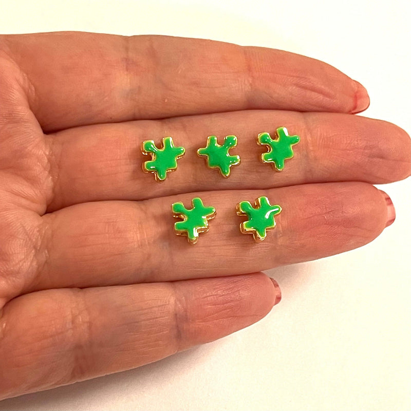 24Kt Gold Plated Neon Green Enamelled Puzzle Piece Spacer Charms, 5 Pcs in a Pack