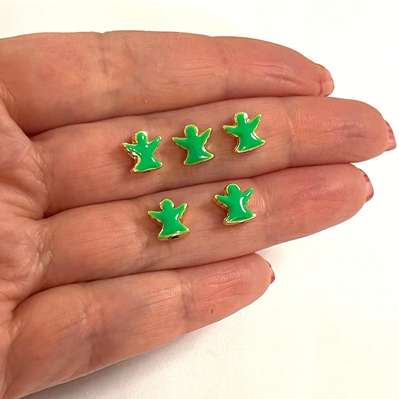 24Kt Gold Plated Neon Green Enamelled Angel Spacer Charms, 5 Pcs in a Pack