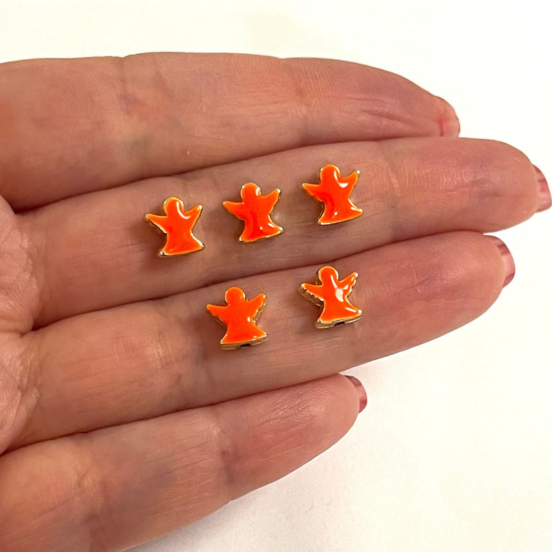 24Kt Gold Plated Neon Orange Enamelled Angel Spacer Charms, 5 Pcs in a Pack