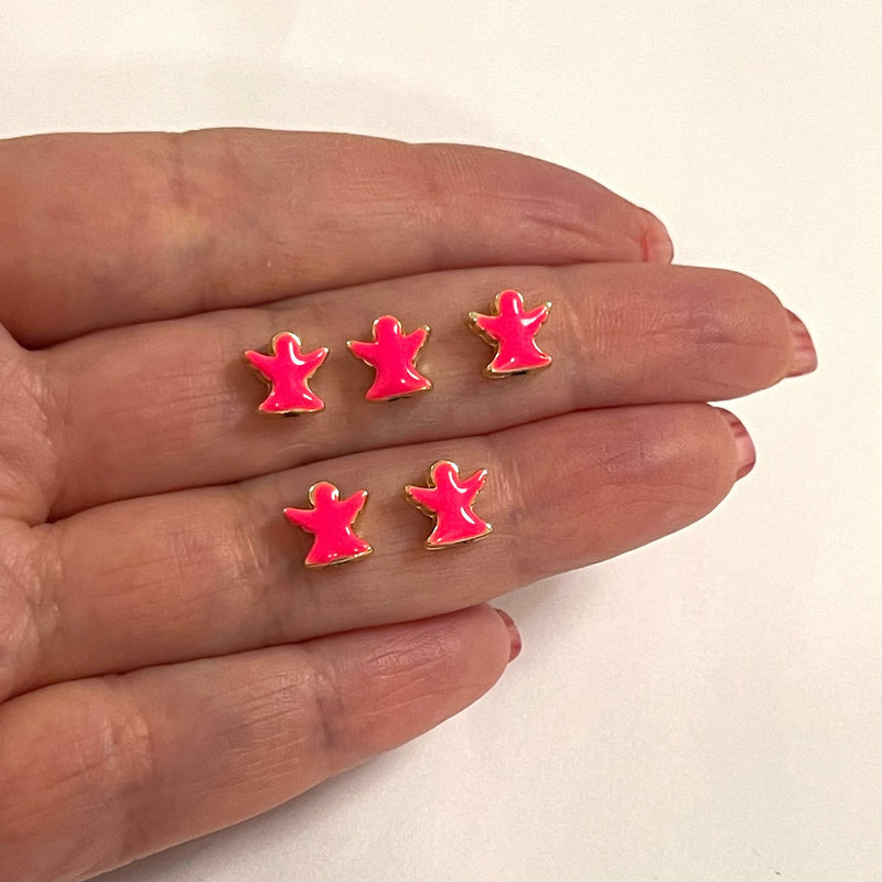 24 Karat vergoldete, neonpink emaillierte Engel-Zwischenstück-Charms, 5 Stück in einer Packung