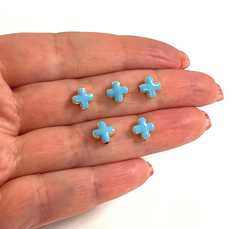 24Kt Gold Plated Sky Blue Enamelled Cross Spacer Charms, 5 Pcs in a Pack