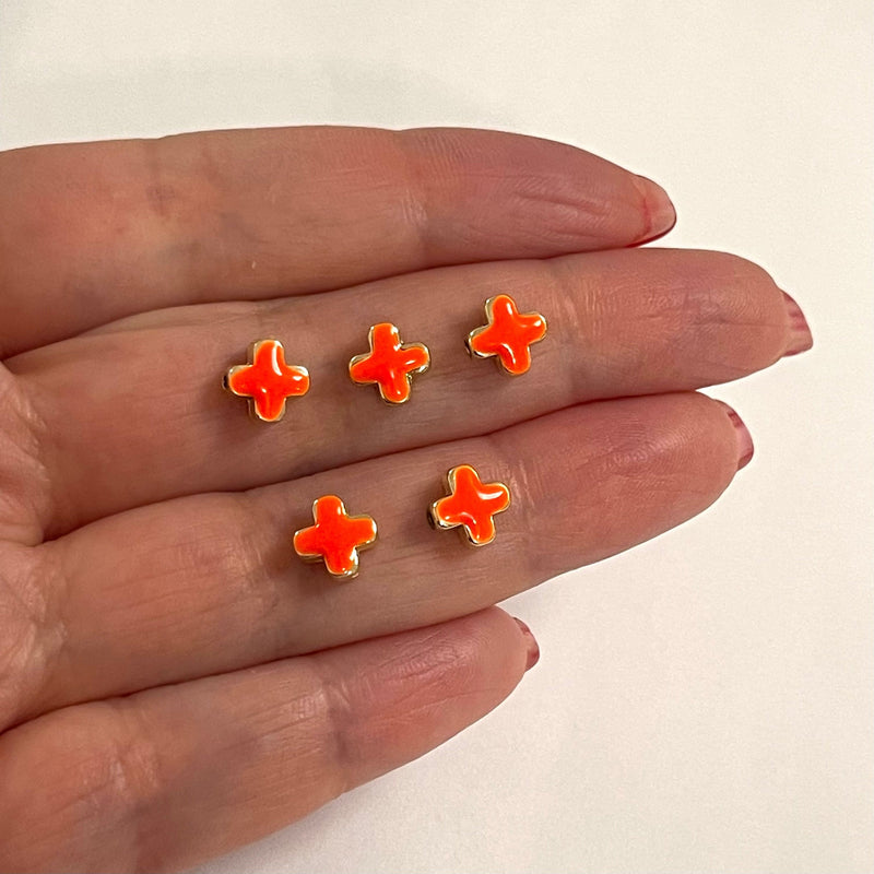 24Kt Gold Plated Neon Orange Enamelled Cross Spacer Charms, 5 Pcs in a Pack