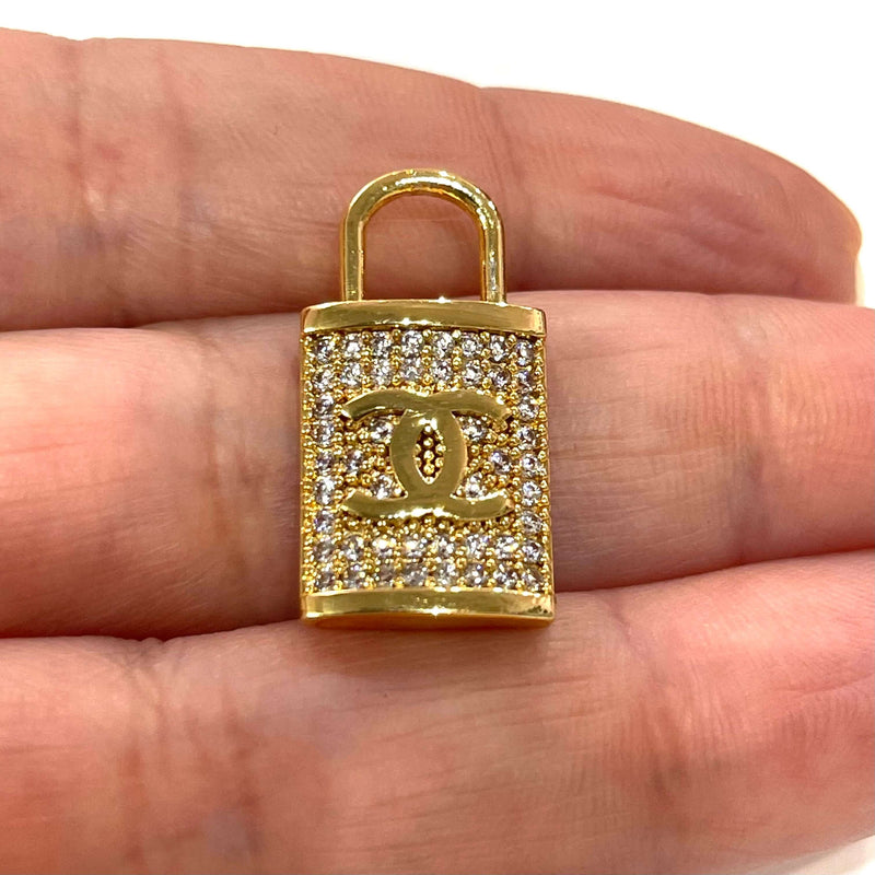 24Kt Gold Plated Swarovski Micro Pave Pad Lock Charm