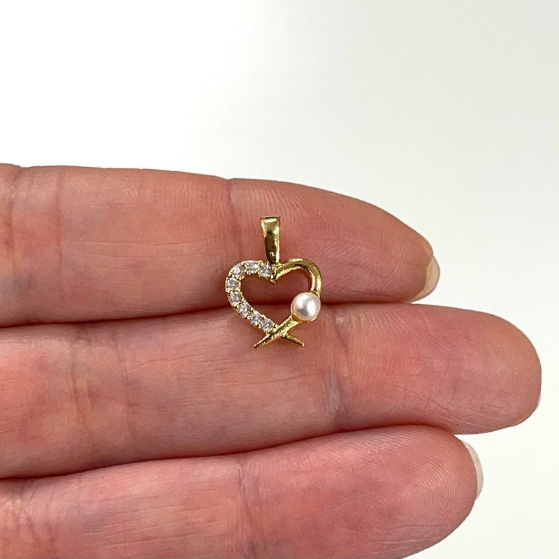 24Kt Gold Plated CZ Micro Paved Heart With Pearl Charm