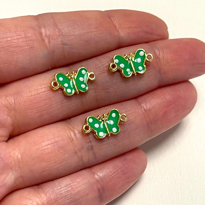 24Kt Gold Plated Neon Green Enamelled Butterfly Connector Charms, 3 pcs in a Pack