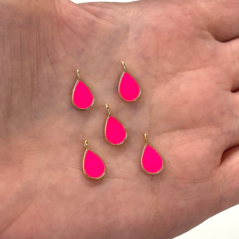 24Kt Gold Plated Neon Pink Enamelled Drop Charms, 5 pcs in a Pack