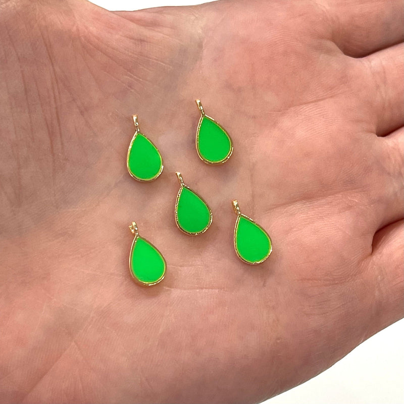 24Kt Gold Plated Neon Green Enamelled Drop Charms, 5 pcs in a Pack