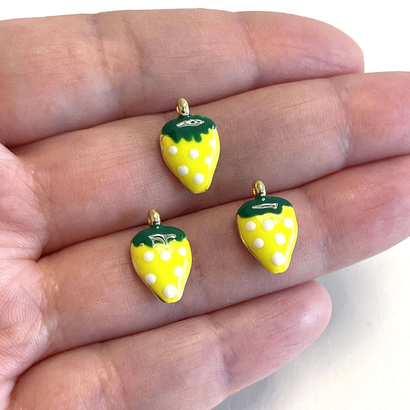 24Kt Gold Plated Neon Yellow Enamelled  Strawberry Charms, 3 pcs in a pack