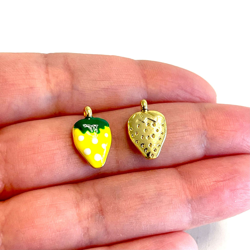 24Kt Gold Plated Neon Yellow Enamelled  Strawberry Charms, 3 pcs in a pack