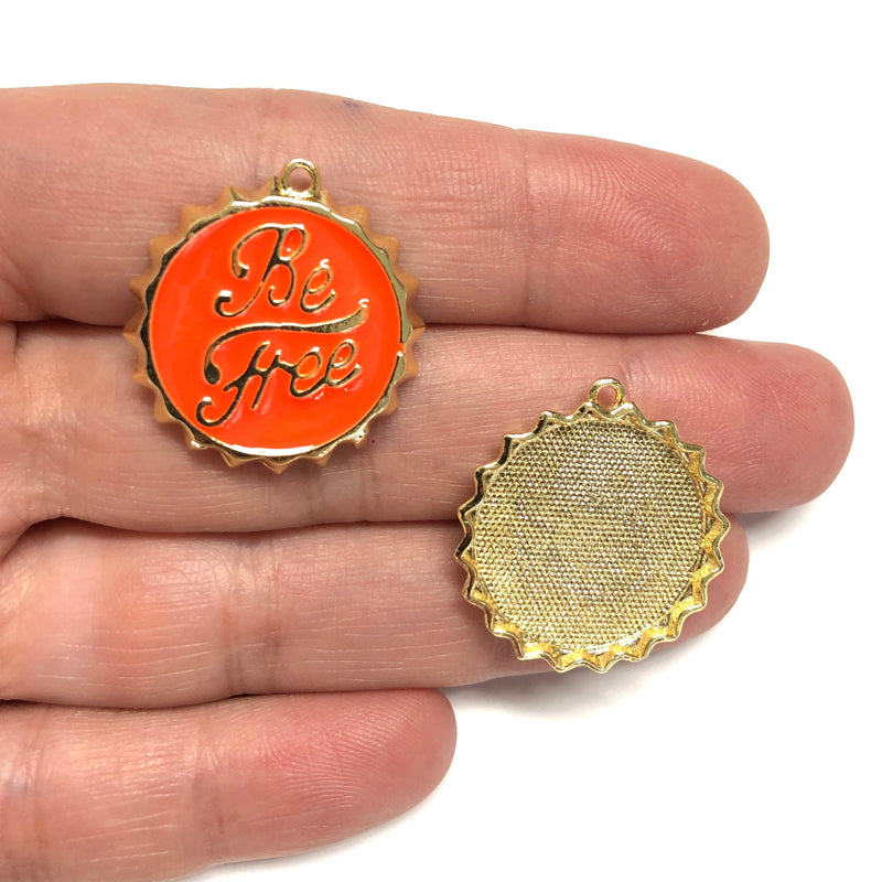 24Kt Gold Plated Neon Orange Enamelled Be Free Charm, Gold Be Free Pendant