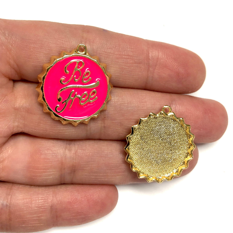 24Kt Gold Plated Neon Pink Enamelled Be Free Charm, Gold Be Free Pendant