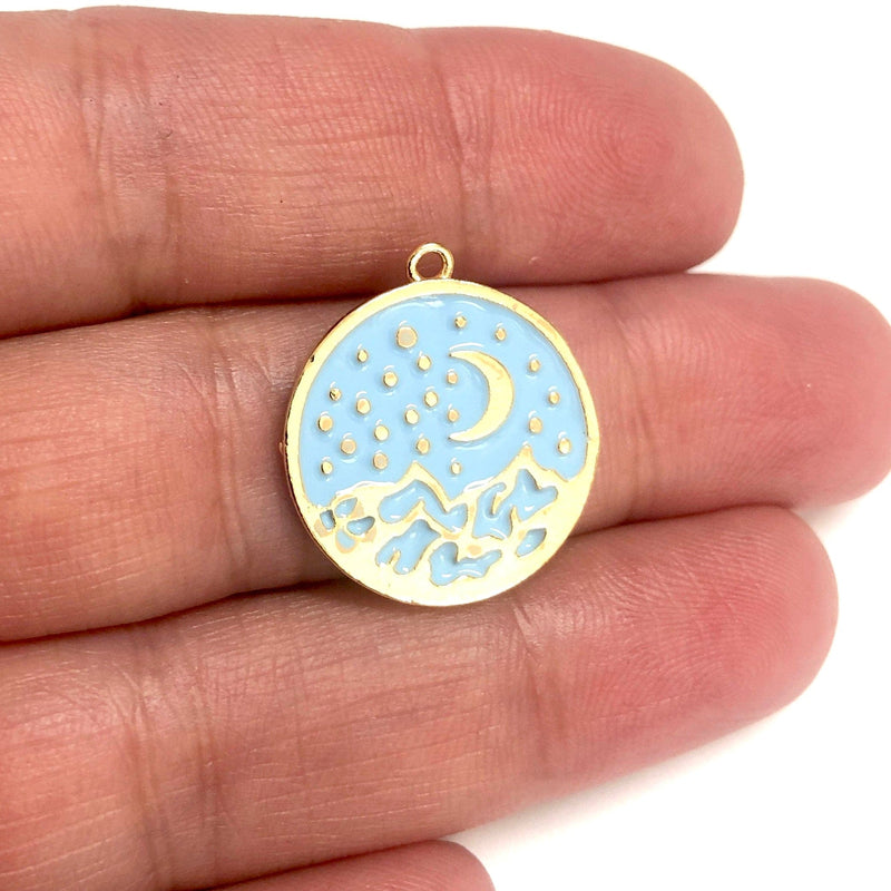 Pendentif lune et étoiles émaillé bleu bébé plaqué or 24 carats